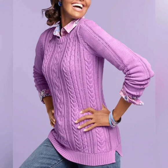 Talbots Women’s Pointelle Cable Knit Cotton Chunky Sweater Ivory WM’s Small NWOT - Picture 13 of 14